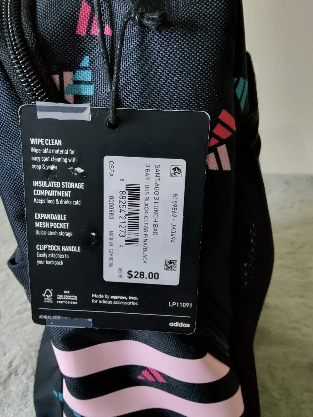 * Adidas Unisex Santiago 3 Logo Lunch Office College Bag Black/Pink